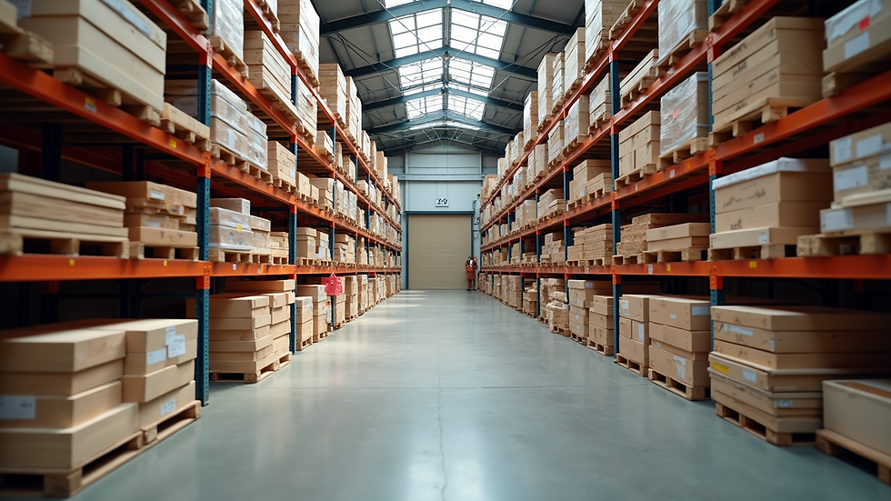 Wide angle view of sustainable building materials displayed in a warehouse