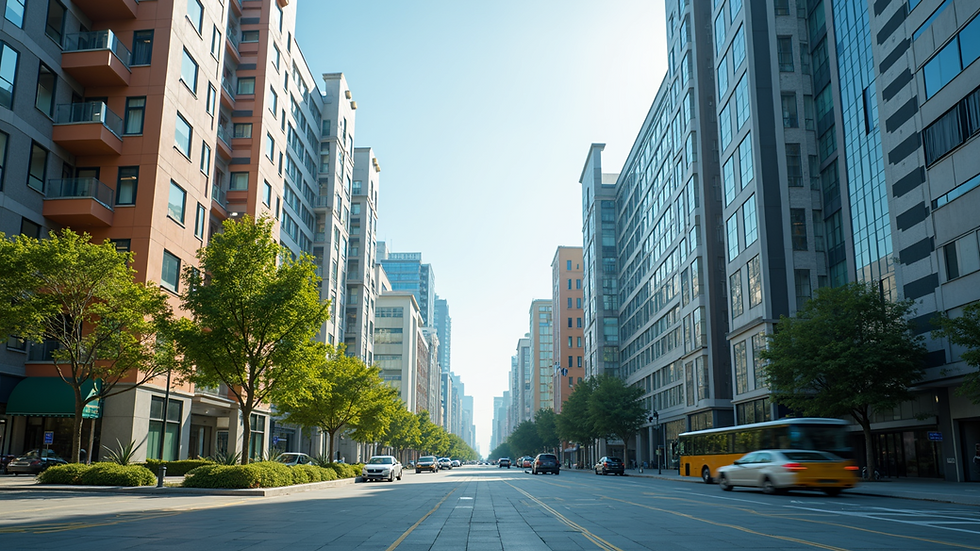Wide angle view of a vibrant urban area with modern buildings