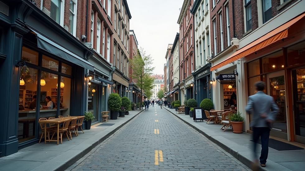 Eye level view of a street featuring successful businesses and co-working spaces