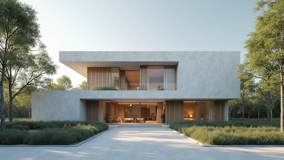 Wide angle view of a photorealistic 3D rendered building exterior