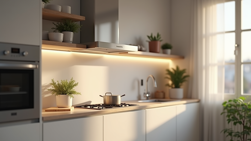 Close-up view of a 3D rendered kitchen with modern appliances and lighting