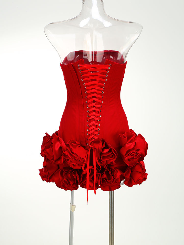 Thumbnail: VC Christmas Dress Strapless Backless Red Structured Floral Embellished Mini Len