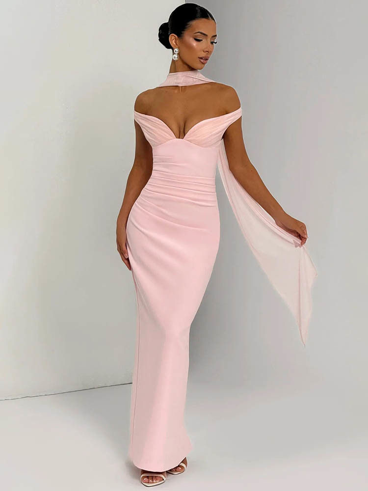 Thumbnail: Mozision Scarf Collar Off-shoulder Sexy Maxi Dress Women Gown Fashion With Sleev