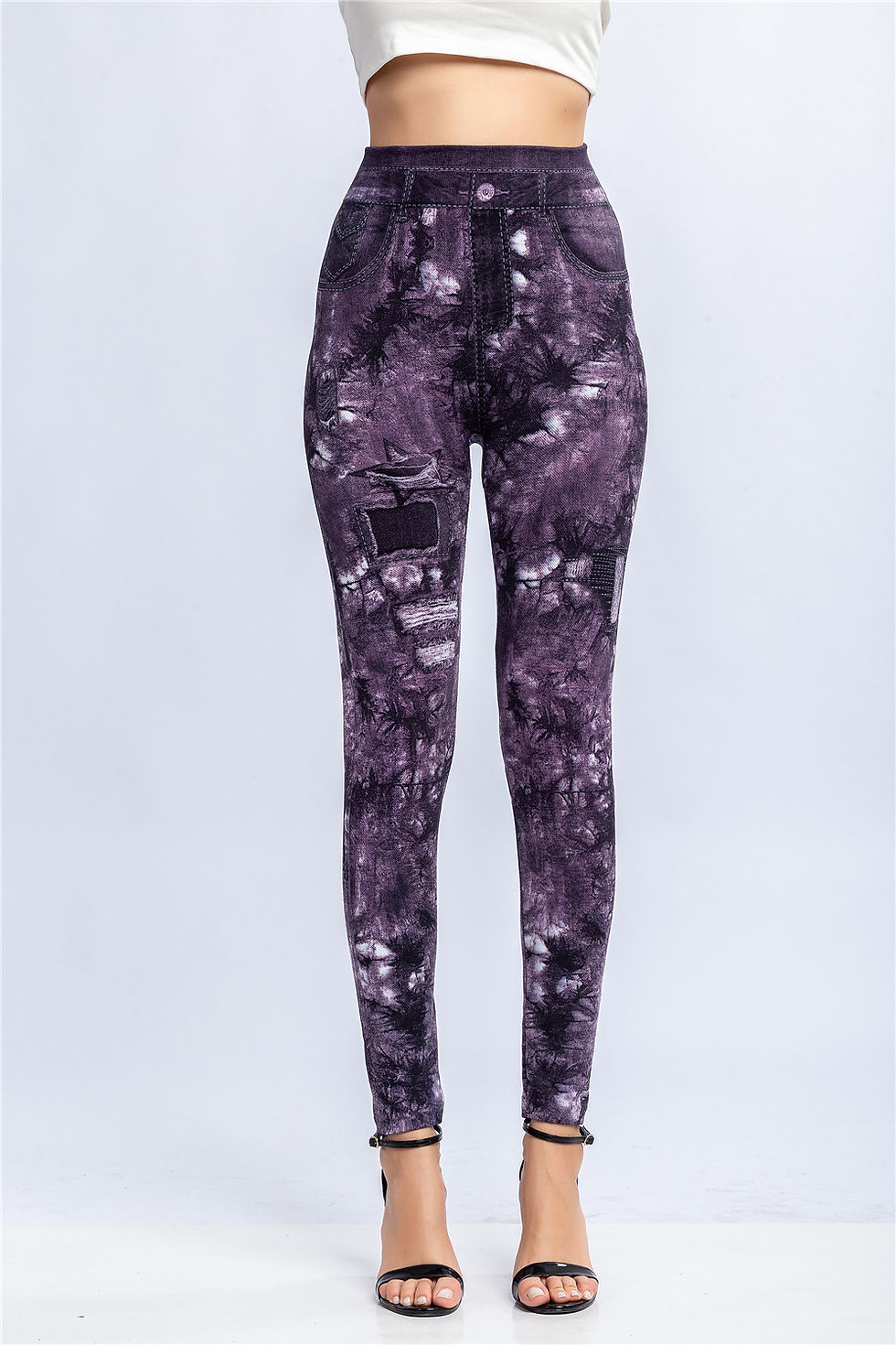 Thumbnail: Women Print Imitation Denim Legggings Stretchy Slim Tights High Waist Hip Liftti