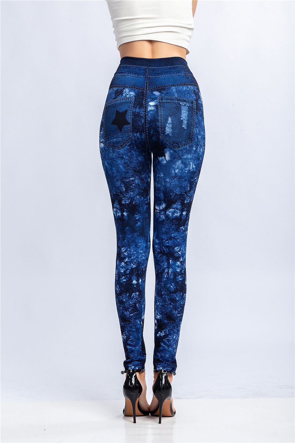 Thumbnail: Women Print Imitation Denim Legggings Stretchy Slim Tights High Waist Hip Liftti