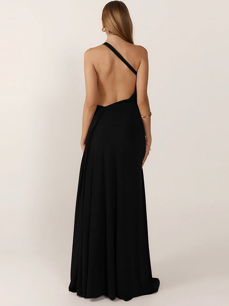 Thumbnail: Sibybo Oblique Shoulder Sleeveless Ruched Maxi Dress For Women Gown Elegant Meta