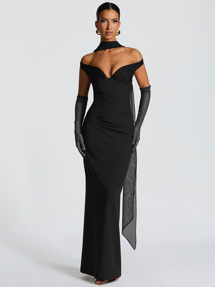 Thumbnail: Mozision Scarf Collar Off-shoulder Sexy Maxi Dress Women Gown Fashion With Sleev