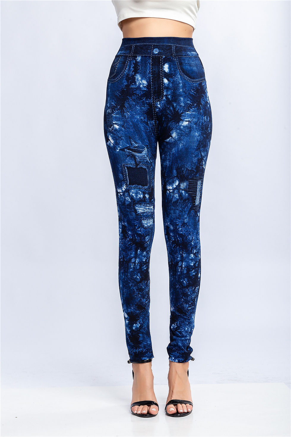 Thumbnail: Women Print Imitation Denim Legggings Stretchy Slim Tights High Waist Hip Liftti