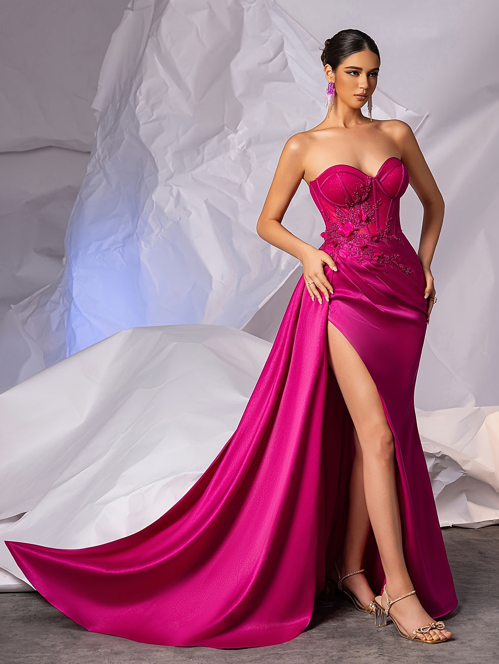 Thumbnail: 3D Flower Satin Formal Eveing Dresses With Side Long Draping High Split Elaborat