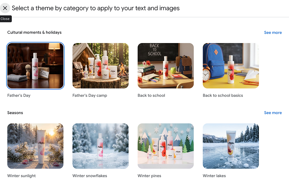 Theme selection gallery in Google Ads, with cards for Father’s Day, back to school, and winter themes.