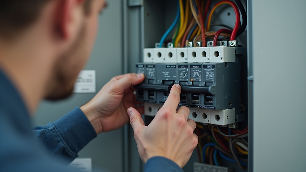 Close-up view of an electrician installing a modern circuit breaker in a residential panel