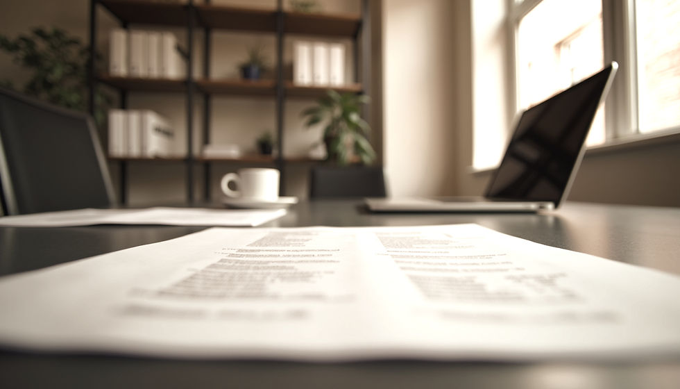 Eye-level view of a modern office with legal documents and a laptop