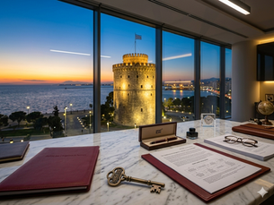 An elite AVGLaw corporate desk setup in Thessaloniki featuring a premium white marble surface with a custom bronze security key bearing the vertical AVGLaw logo. A deep red leather document binder displays the text 'Tax Treatment of Foreigners in Greece | Law 5104/2024' alongside a luxury open fountain pen. Through a modern office glass wall, the illuminated White Tower of Thessaloniki stands prominently against a twilight sunset backdrop over the harbor, symbolizing regional legal security and international compliance