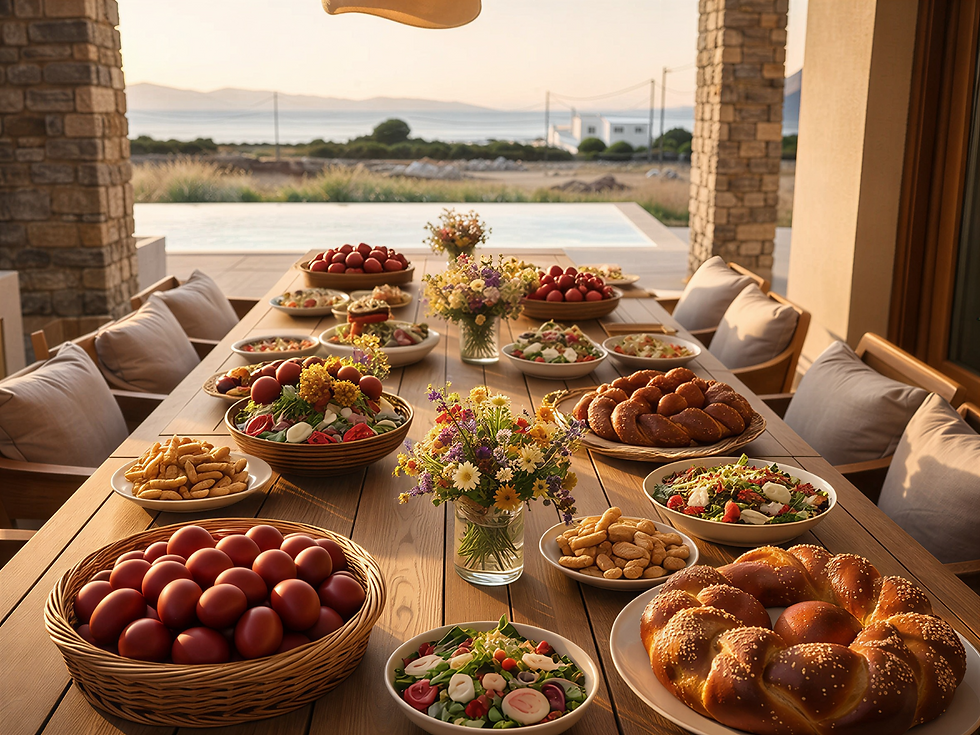 A vibrant Easter Sunday celebration at TREĪS Villas Paros with traditional food and festive atmosphere