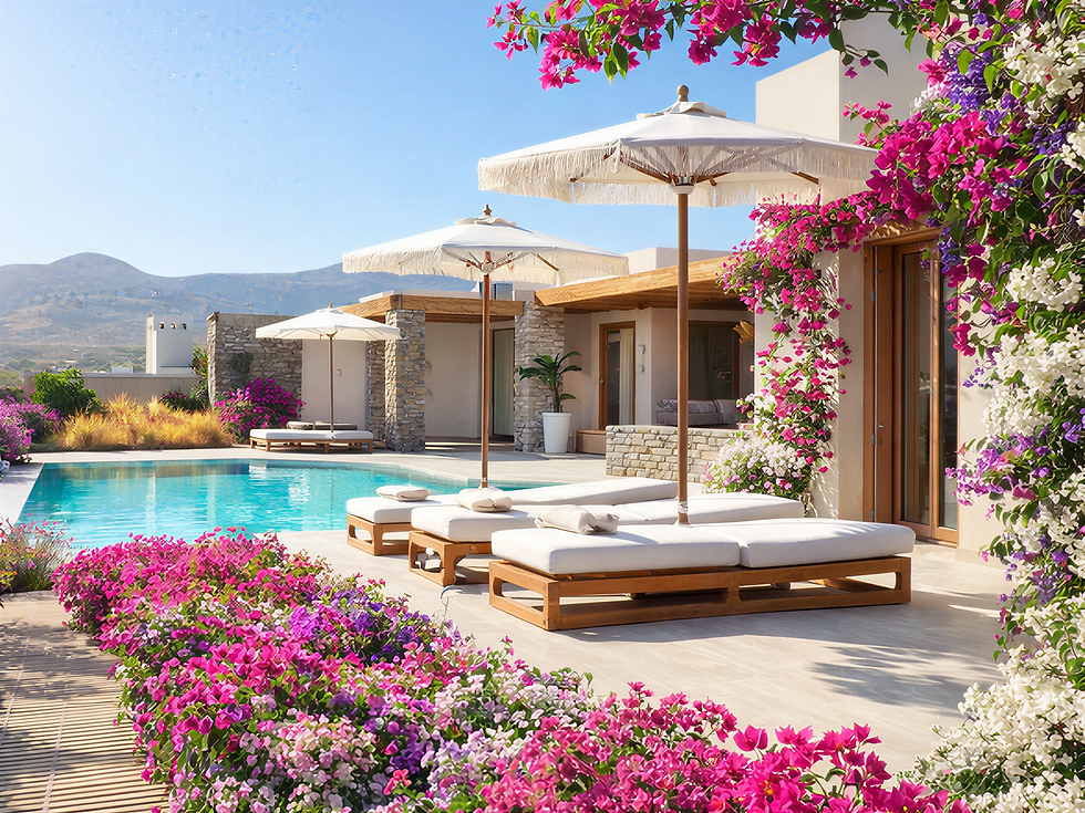 A serene morning view from a TREĪS Villa terrace surrounded by blooming spring flowers and a soft sea view
