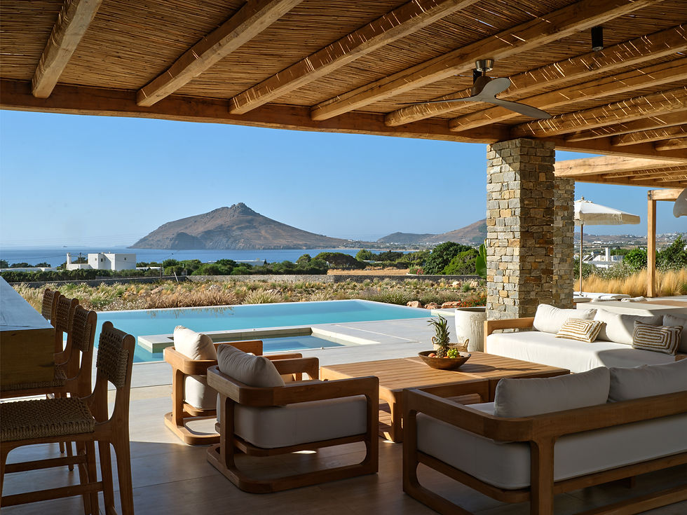 Secluded terrace view of TREIS Villas to the Isterni, Paros and the Aegean Sea