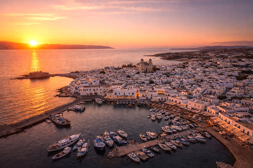 Drone view of the bustling Naoussa harbor