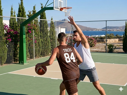 Athletes playing basketball on the private professional-grade court at TREĪS Villas Paros, overlooking the Aegean Sea
