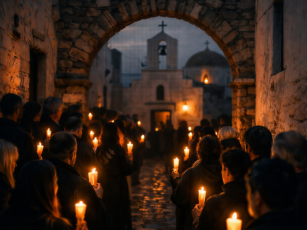 A candlelit evening scene in the narrow alleys of Marpissa village during the Good Friday representations