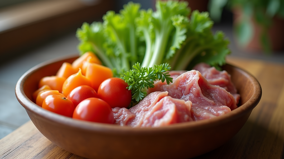 Close-up view of a bowl filled with fresh vegetables and meat for dog meals