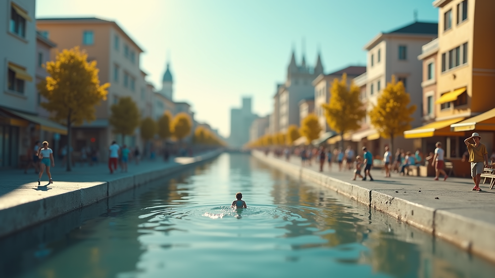 Vue en plongée d’un diorama urbain avec des bâtiments miniatures et des figurines