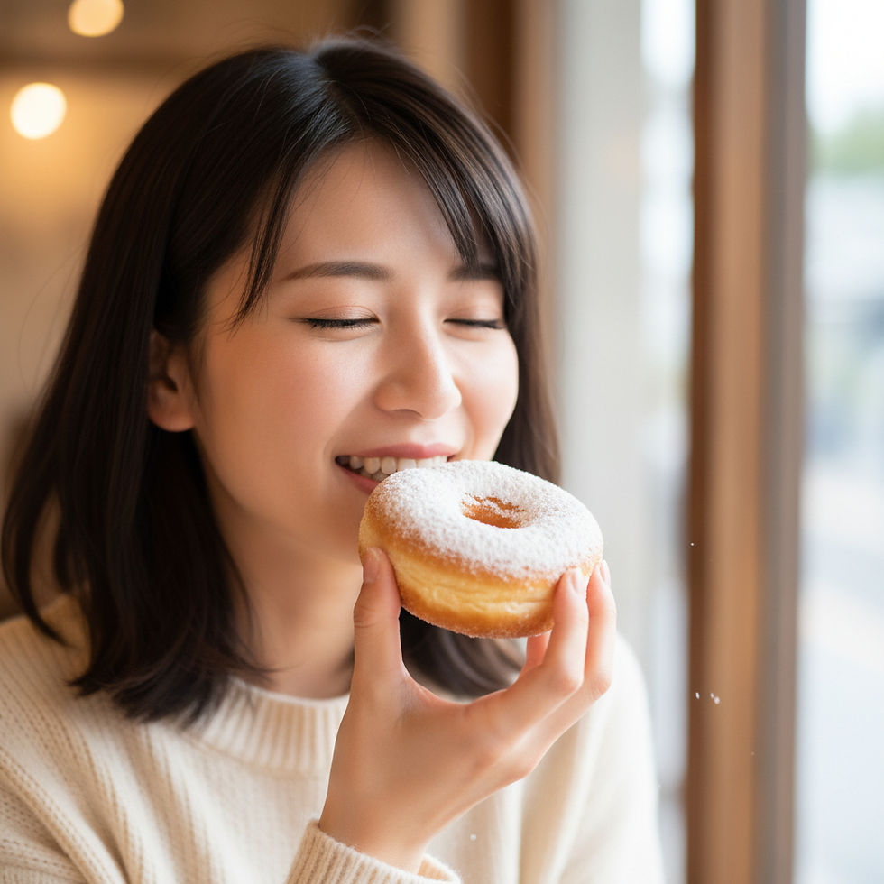 ふんわりしたリングドーナツを味わう女性