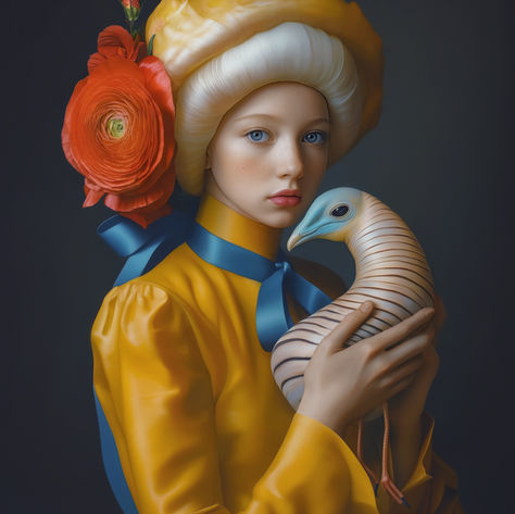 Embrace your odds - Surreal digital portrait of a girl with a wingless bird and organic headpiece – art by Inna Etuvgi, part of Garden of Curiosities series