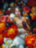 Blooming Dreams fine art print by Inna Etuvgi – surreal portrait of a woman surrounded by vibrant flowers and parrots, symbol