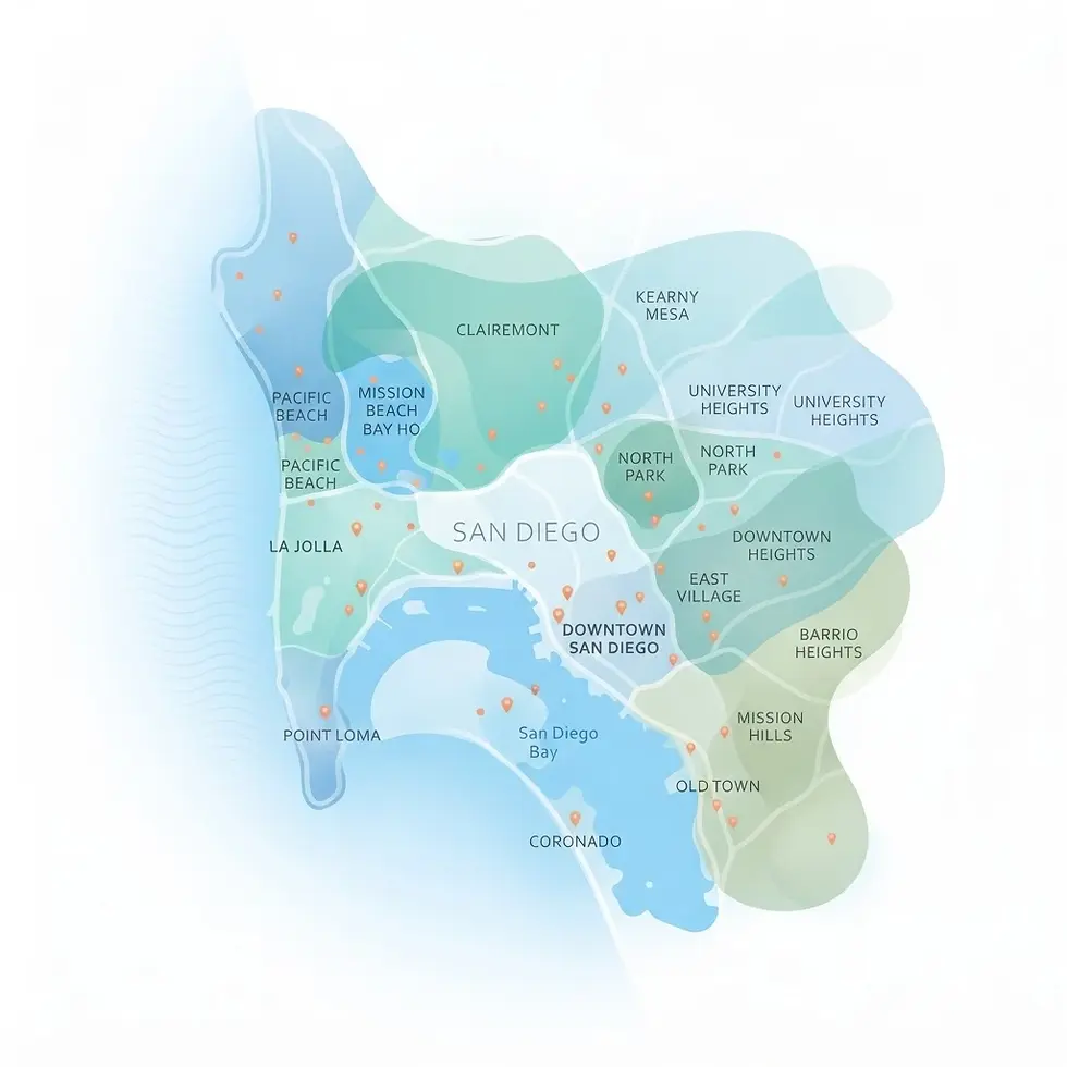 Digital illustration of a stylized map of San Diego. It highlights various neighborhoods with distinct color zones.