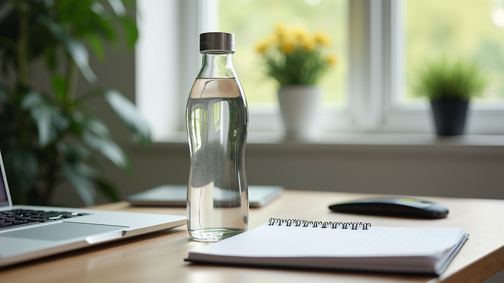 Close-up view of a desk with a water bottle, notebook, and a small plant