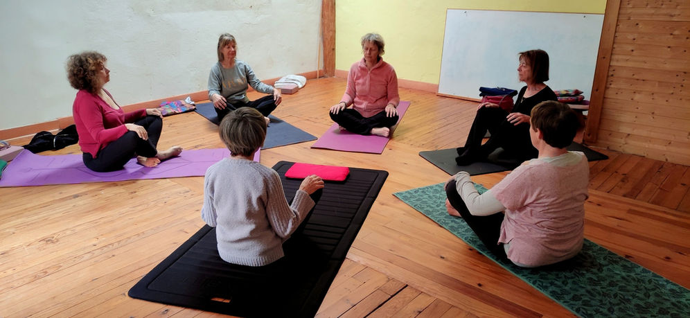 Professeur et élèves de yoga.
