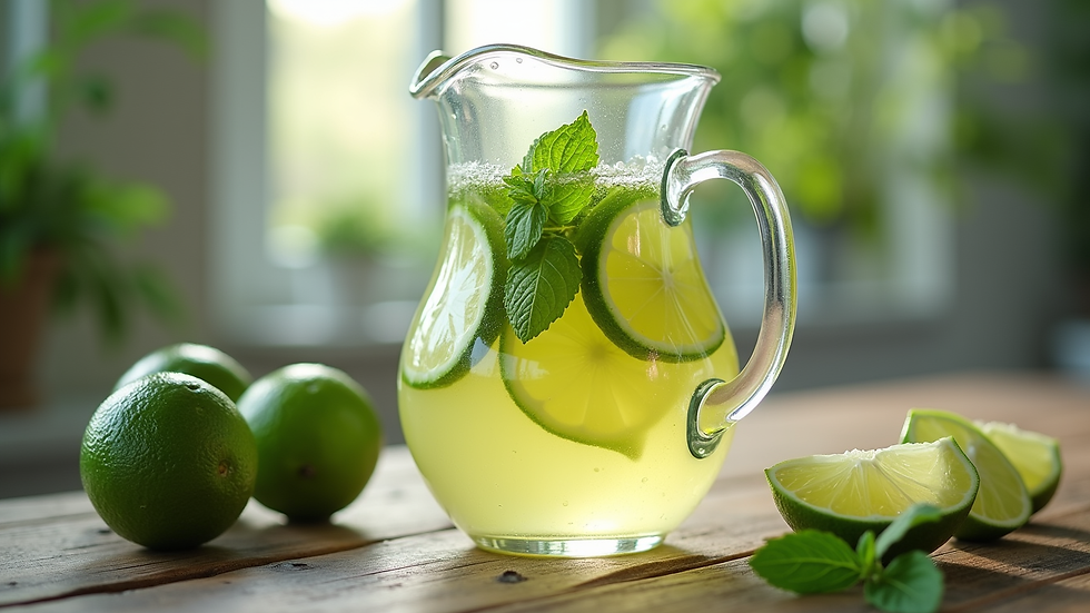 Eye-level view of a pitcher filled with lime chia agua fresca with lime slices and mint leaves