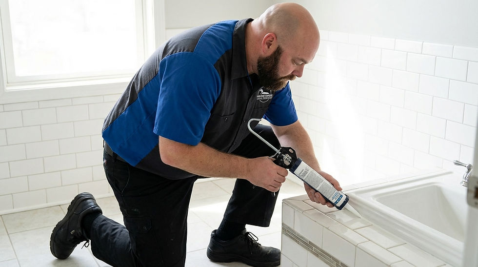 Image of a man caulking around the edge of a bath tub.