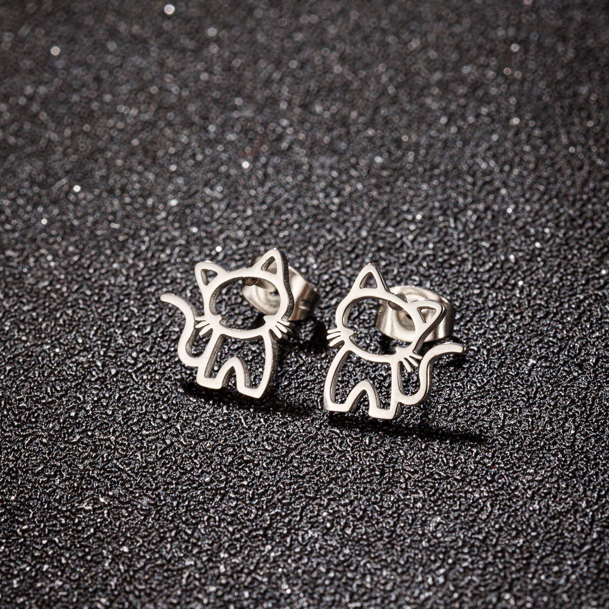 Pair Cute Cat Stainless Steel Stud Earrings for Mens Womens Punk Students Gift