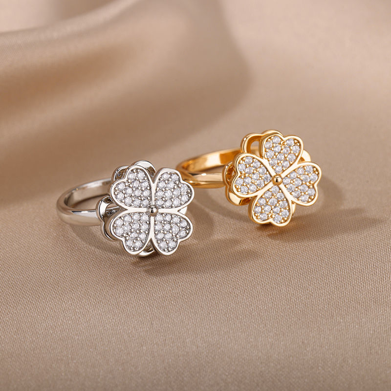 Thumbnail: Spinner Zircon Heart Four Leaf Clover Rings For Women Stainless Steel Anti Stres