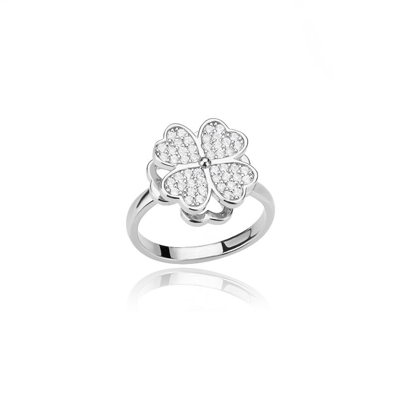 Thumbnail: Spinner Zircon Heart Four Leaf Clover Rings For Women Stainless Steel Anti Stres