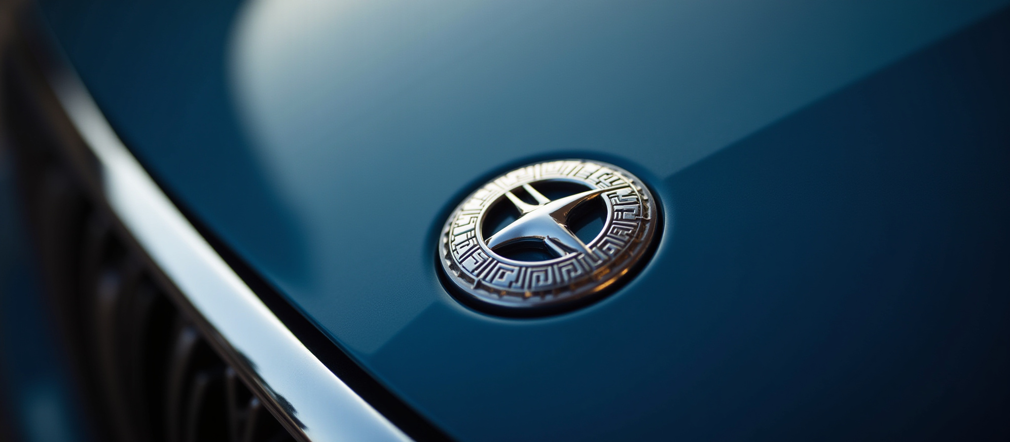 Emblema de carro prateado no capô azul