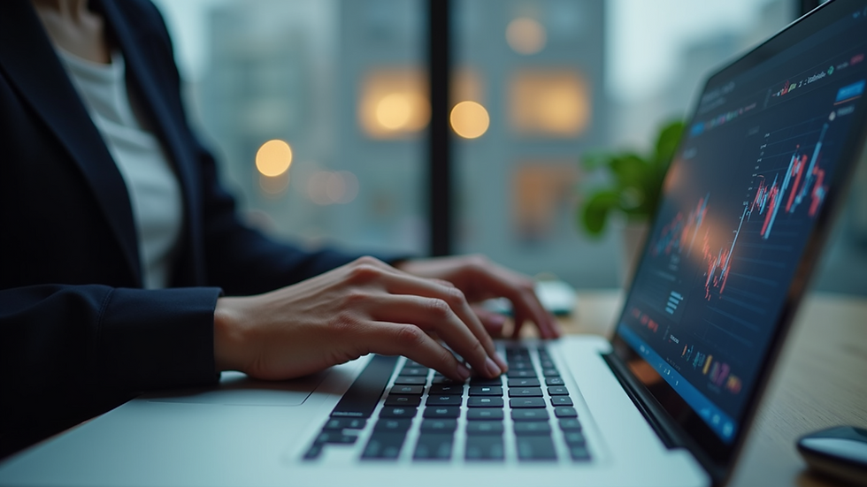 Eye-level view of a person analyzing social media data on a laptop