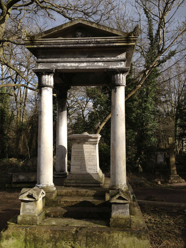 The memorial to Vincent Figgins, type founder. He created a font that was used by many twentieth century newspapers.