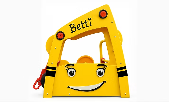 Yellow playground ride-on with smiling face, named "Betti." Features red handles and wheels, set on a plain white background.