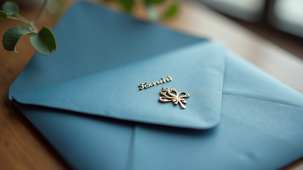 Eye-level view de convite personalizado com monograma dourado e envelope azul marinho