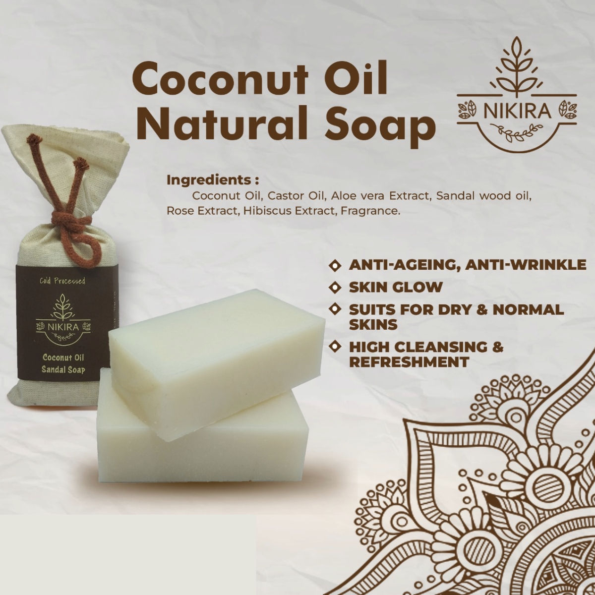 Nikira- Natural handmade soap Coconut oil Sandalwood - 2 pc