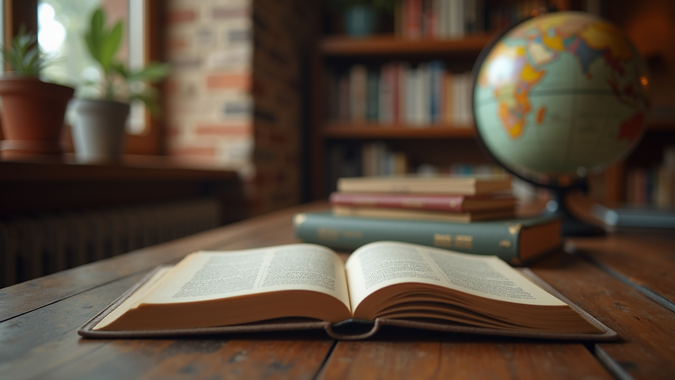 Eye-level view of a cozy reading nook with travel books and a globe