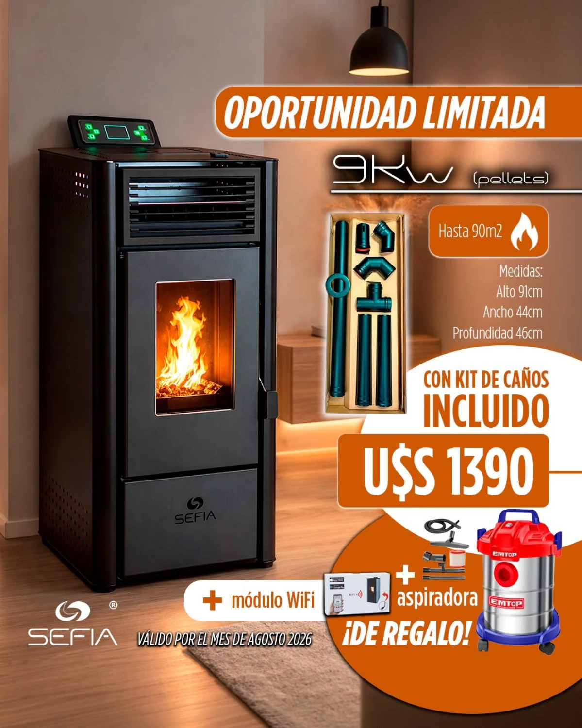 Calefactor a Pellet Sefia 9kW Kit Pared + Aspiradora + Wifi de Obsequio
