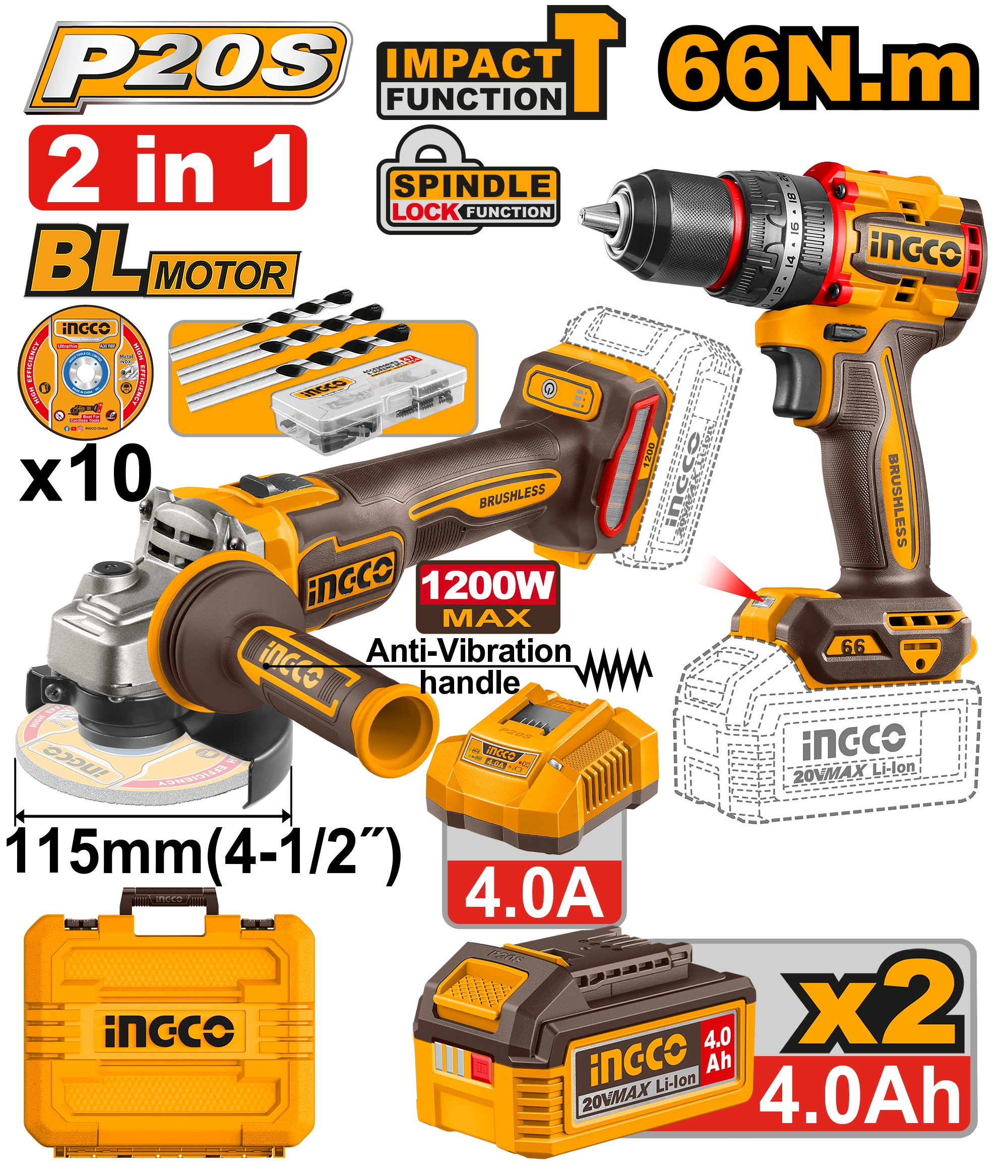 KIT COMBO A BATERIA 20V AMOLADORA ANGULAR 115MM + TALADRO ATORN. C/PERCUTOR 13MM