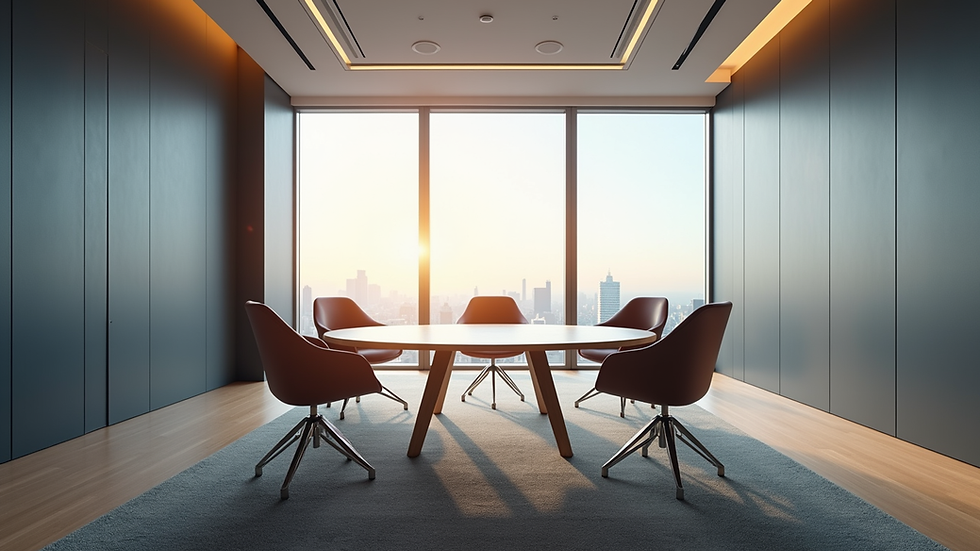Eye-level view of a modern office meeting room with a round table and chairs