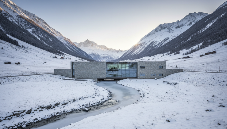 Wide-angle view of a modern watchmaking center in a Swiss alpine valley.