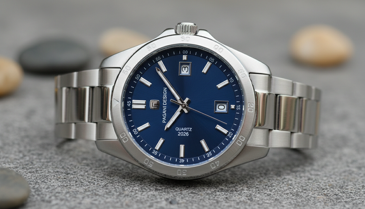 Close-up view of a Pagani Design quartz watch with a date display.