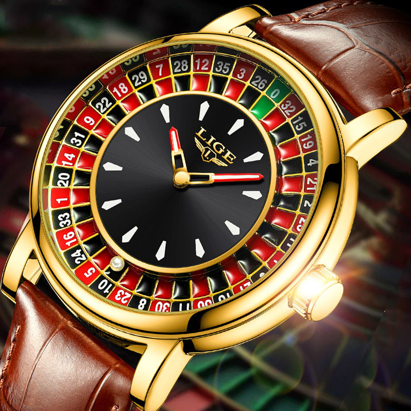 LIGE Las Vegas Roulette watch with gold case and leather strap.