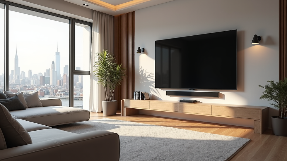 Eye-level view of a modern living room with a large smart TV 4K on the wall